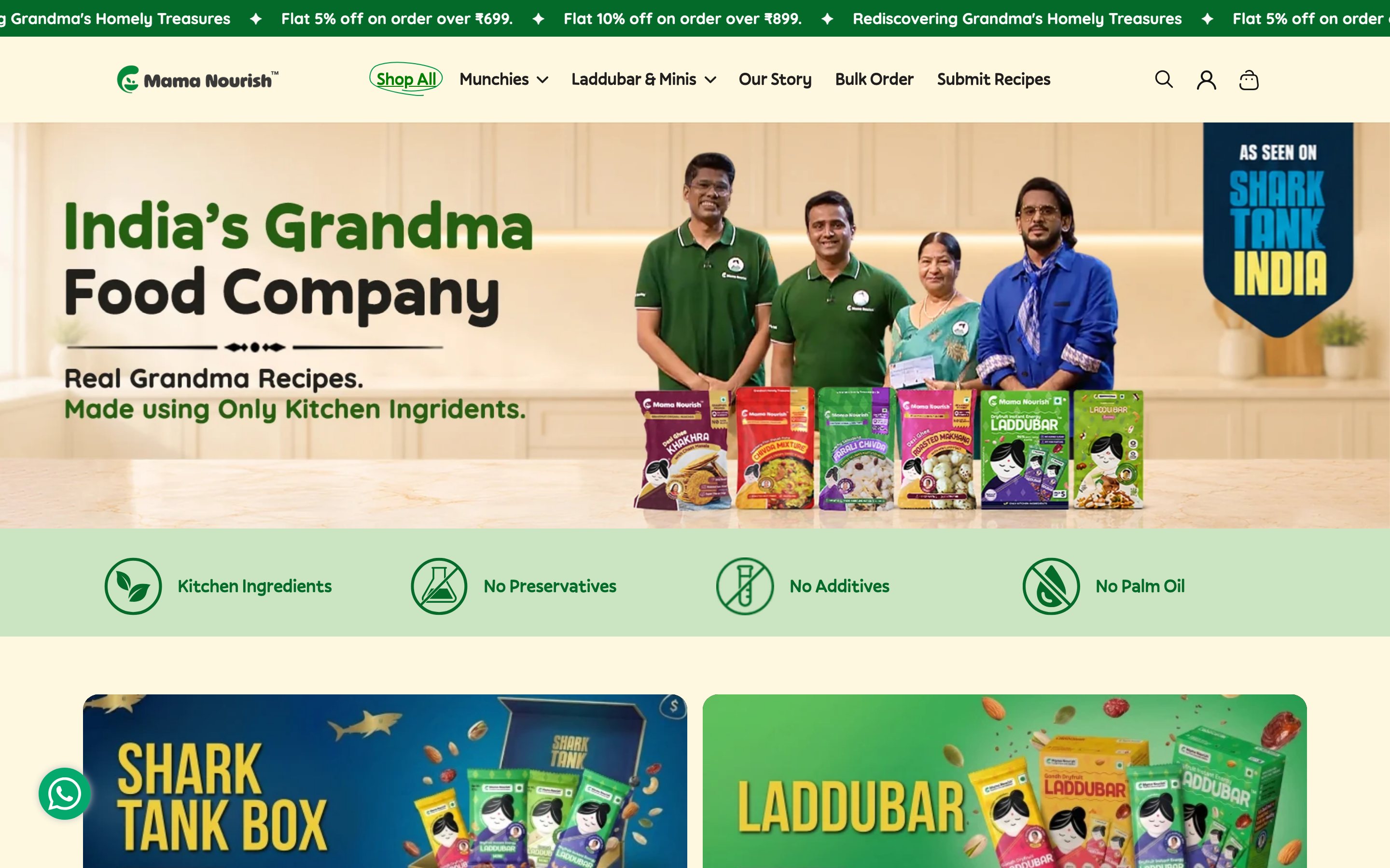 Live homepage of Mama Nourish